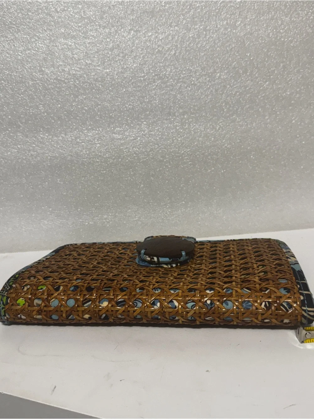 Vera Bradley Tan Woven Rattan Wallet with Blue Floral Trim